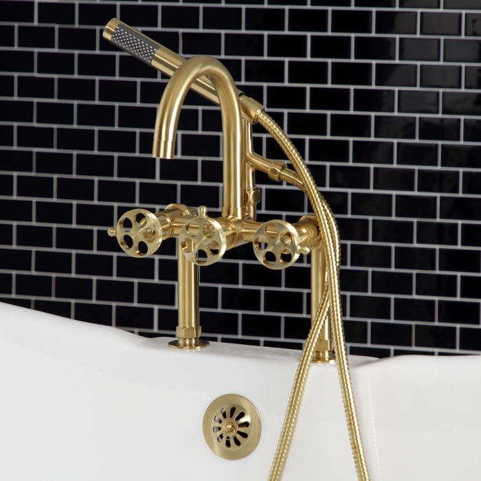 Webb AE8107RKX Three-Handle 2-Hole Deck Mount Clawfoot Tub Faucet with Knurled Handle and Hand Shower, Brushed Brass