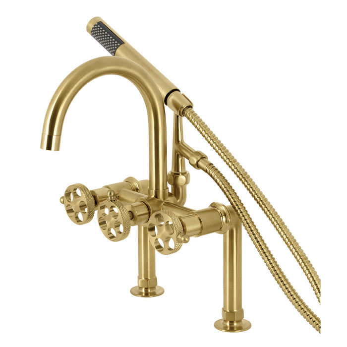 Webb AE8107RKX Three-Handle 2-Hole Deck Mount Clawfoot Tub Faucet with Knurled Handle and Hand Shower, Brushed Brass