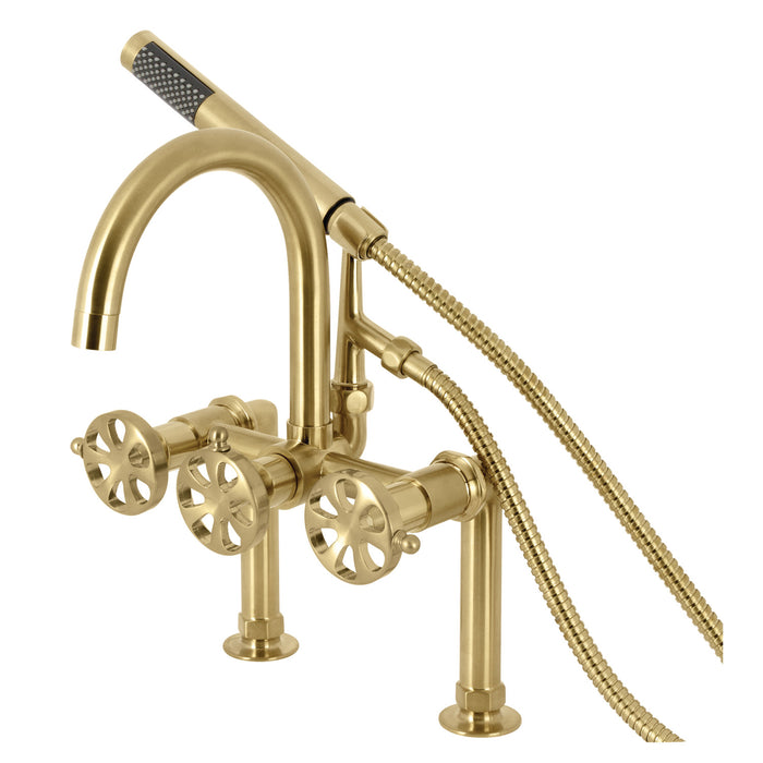 Belknap AE8107RX Three-Handle 2-Hole Deck Mount Clawfoot Tub Faucet with Hand Shower, Brushed Brass