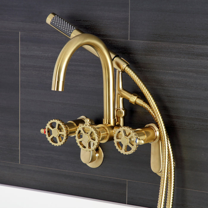 Fuller AE8157CG Three-Handle 2-Hole Tub Wall Mount Clawfoot Tub Faucet with Hand Shower, Brushed Brass