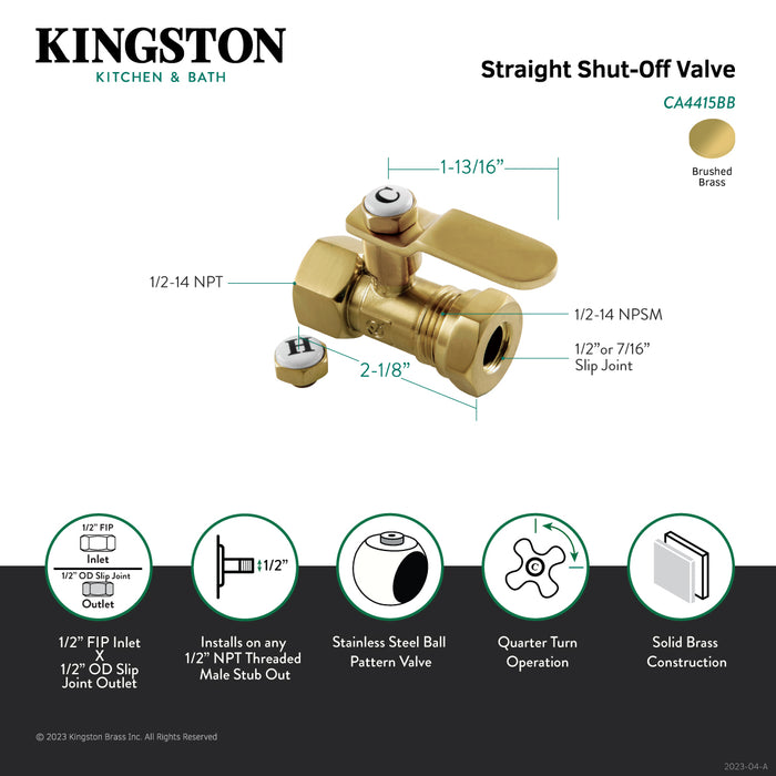 Whitaker CA4415BB 1/2-Inch FIP x 1/2-Inch or 7/16-Inch Slip Joint Quarter-Turn Straight Shut-Off Valve, Brushed Brass