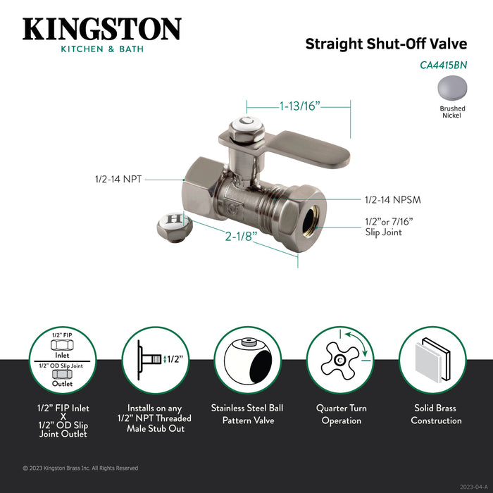 Whitaker CA4415BN 1/2-Inch FIP x 1/2-Inch or 7/16-Inch Slip Joint Quarter-Turn Straight Shut-Off Valve, Brushed Nickel