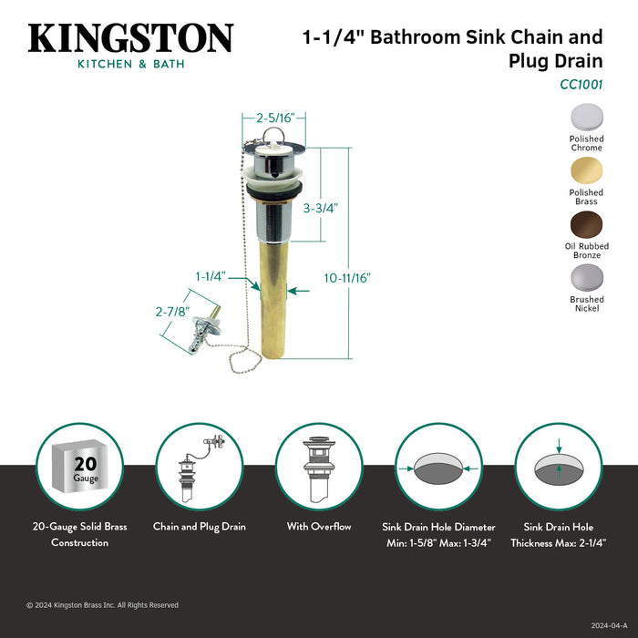 Vintage CC1001 Brass Chain and Plug Bathroom Sink Drain with Overflow, 20 Gauge, Polished Chrome