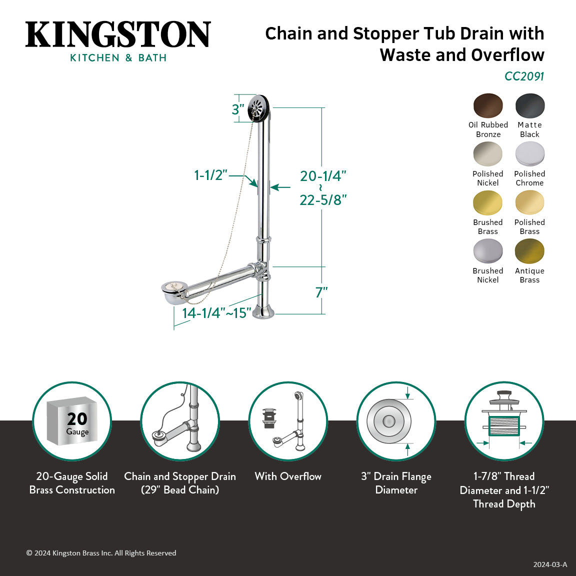 Vintage CC2092 Brass Chain and Stopper Tub Waste and Overflow, Polished  Brass