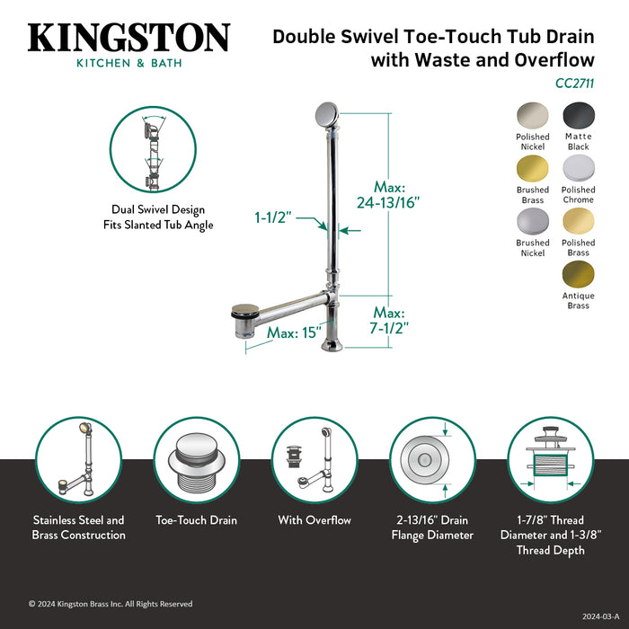 Vintage CC2716 Swivel Ball Toe Touch Tub Waste and Overflow, Polished Nickel