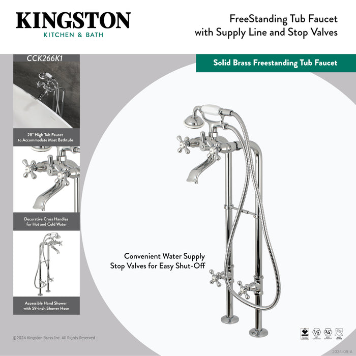 Kingston CCK266K0 Three-Handle 2-Hole Freestanding Tub Faucet with Supply Line and Stop Valve, Matte Black