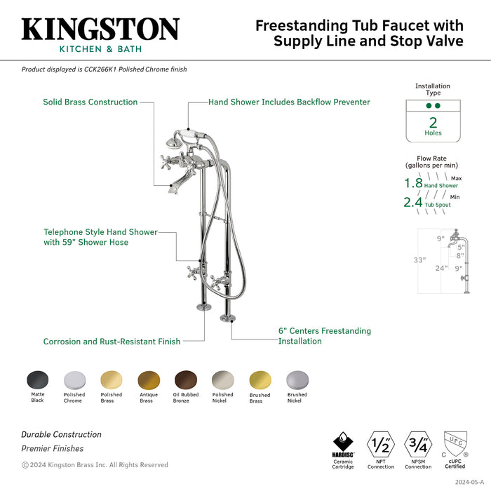 Kingston CCK266K2 Three-Handle 2-Hole Freestanding Tub Faucet with Supply Line and Stop Valve, Polished Brass