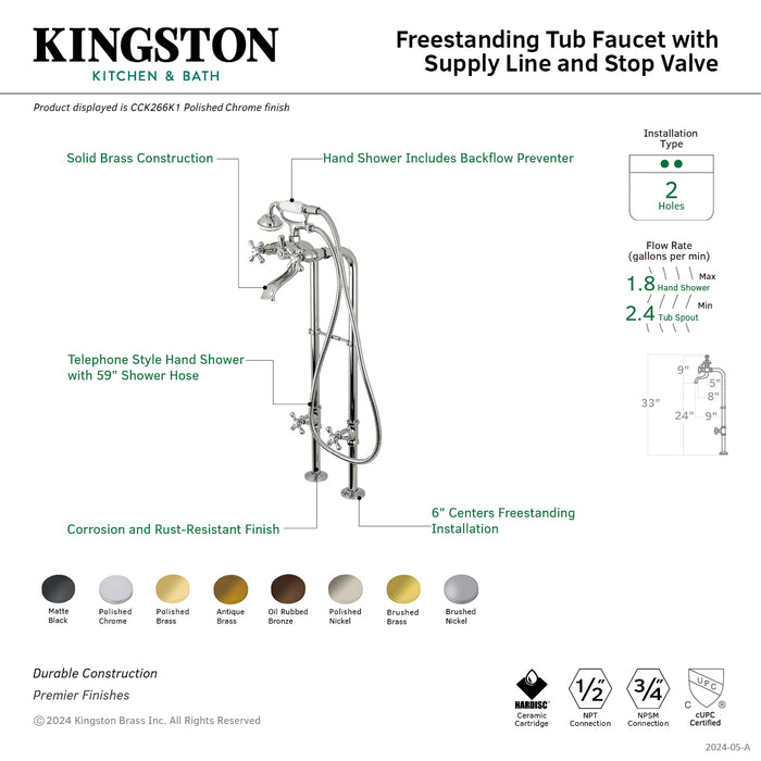 Kingston CCK266K8 Three-Handle 2-Hole Freestanding Tub Faucet with Supply Line and Stop Valve, Brushed Nickel