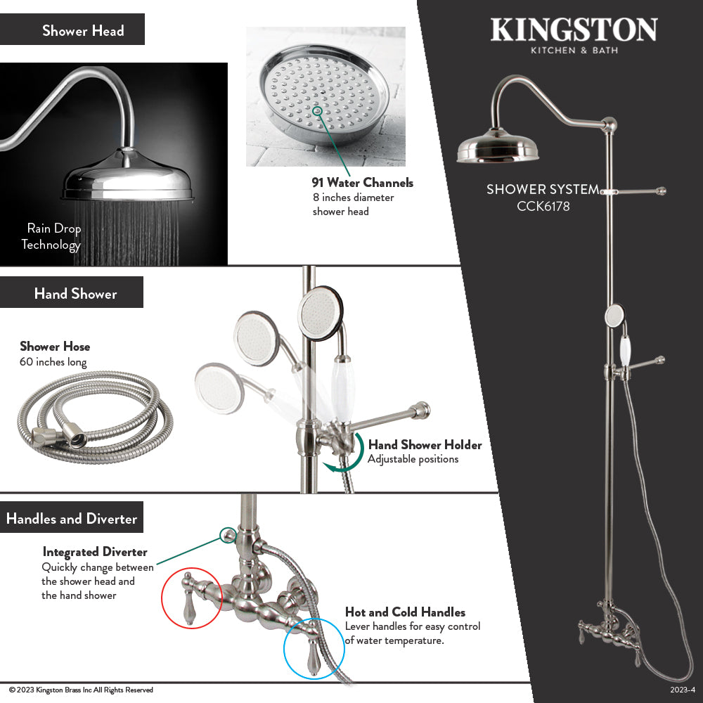 Vintage CCK6178 Tub Wall Mount Rain Drop Shower System with Hand Shower,  Brushed Nickel