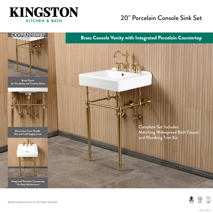 CKVPB2018W87 20-Inch Porcelain Console Sink Set with Widespread Bathroom Faucet and Plumbing Trim Kit (8-Inch, 3 Hole), White/Brushed Brass