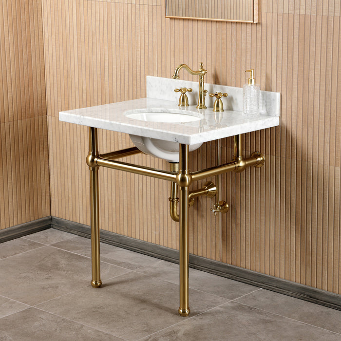 CKVPB3030MB7 30-Inch Carrara Marble Console Sink Set with Widespread Bathroom Faucet and Plumbing Trim Kit (8-Inch, 3 Hole), Carrara Marble/Brushed Brass