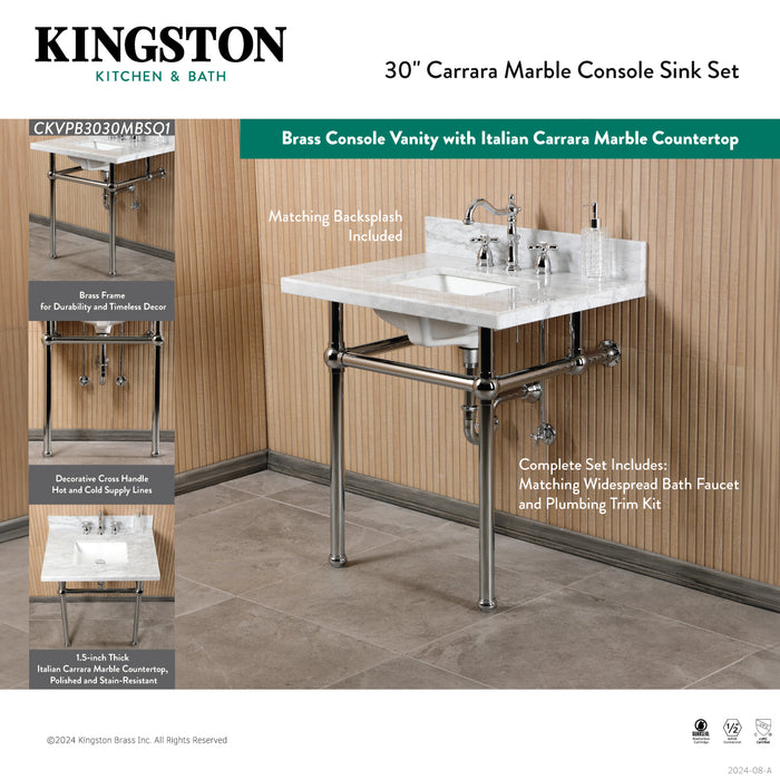 CKVPB3030MBSQ1 30-Inch Carrara Marble Console Sink Set with Widespread Bathroom Faucet and Plumbing Trim Kit (8-Inch, 3 Hole), Carrara Marble/Polished Chrome