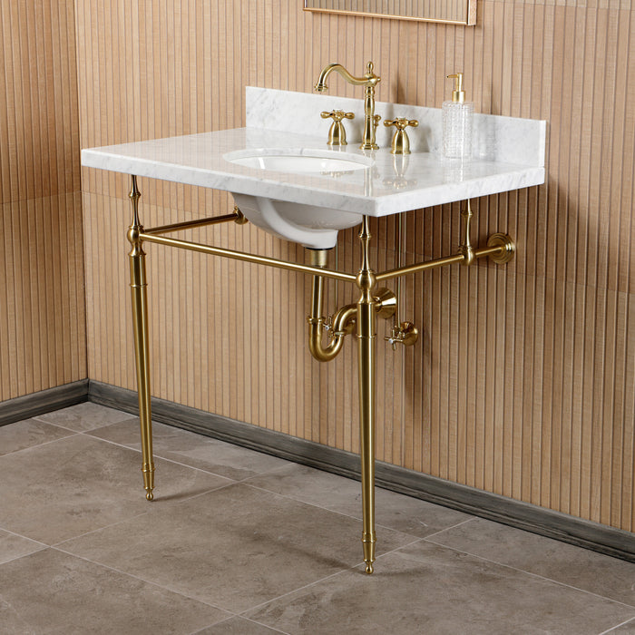 CKVPB3622M87 36-Inch Carrara Marble Console Sink Set with Widespread Bathroom Faucet and Plumbing Trim Kit (8-Inch, 3 Hole), Marble White/Brushed Brass