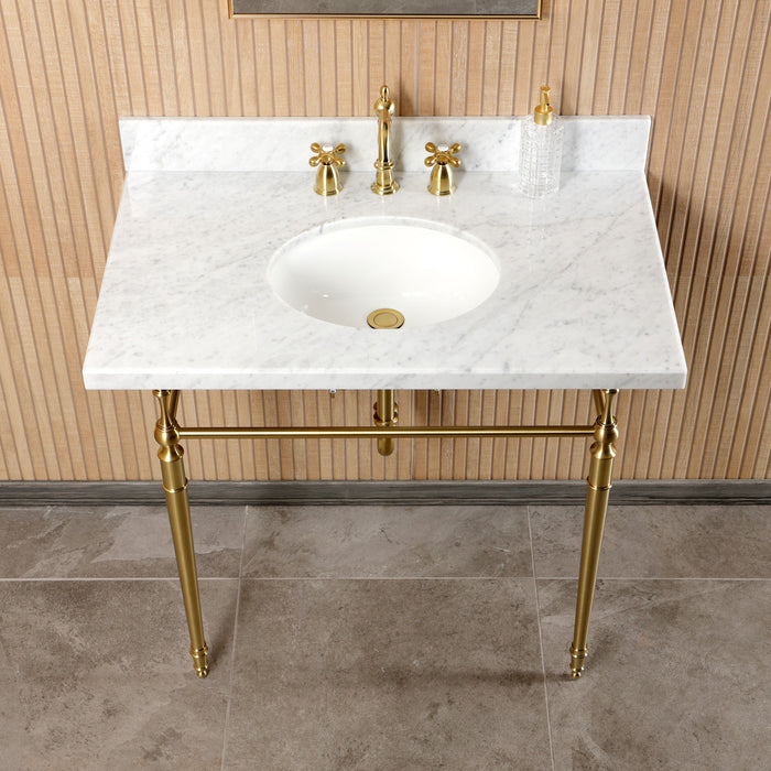 CKVPB3622M87 36-Inch Carrara Marble Console Sink Set with Widespread Bathroom Faucet and Plumbing Trim Kit (8-Inch, 3 Hole), Marble White/Brushed Brass