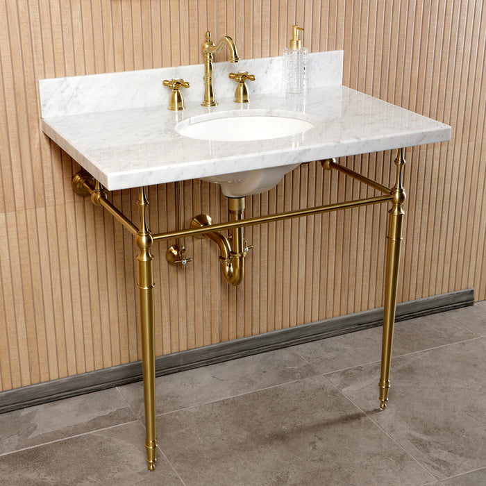 CKVPB3622M87 36-Inch Carrara Marble Console Sink Set with Widespread Bathroom Faucet and Plumbing Trim Kit (8-Inch, 3 Hole), Marble White/Brushed Brass