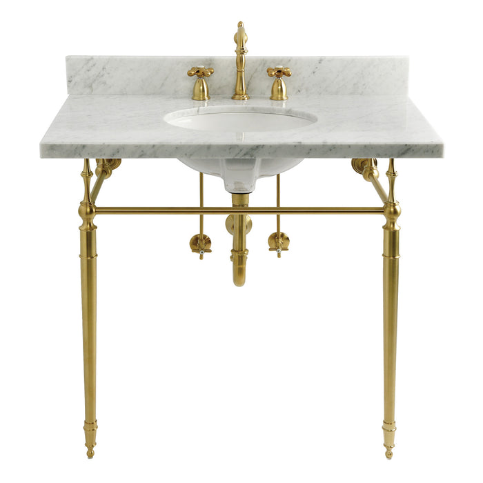 CKVPB3622M87 36-Inch Carrara Marble Console Sink Set with Widespread Bathroom Faucet and Plumbing Trim Kit (8-Inch, 3 Hole), Marble White/Brushed Brass