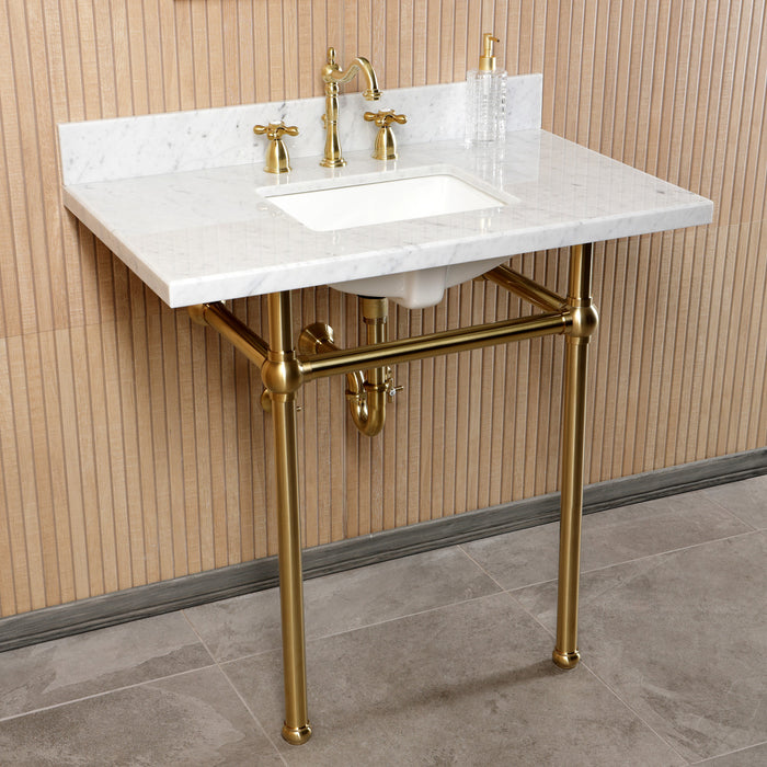 CKVPB36MBSQ7 36-Inch Carrara Marble Console Sink Set with Widespread Bathroom Faucet and Plumbing Trim Kit (8-Inch, 3 Hole), Carrara Marble/Brushed Brass