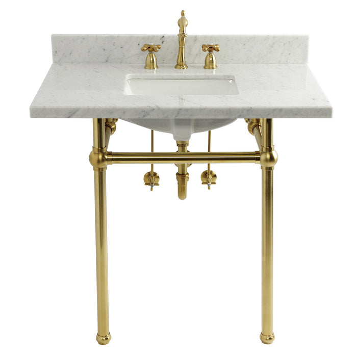 CKVPB36MBSQ7 36-Inch Carrara Marble Console Sink Set with Widespread Bathroom Faucet and Plumbing Trim Kit (8-Inch, 3 Hole), Carrara Marble/Brushed Brass