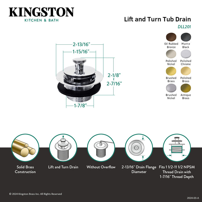 Made To Match DLL201 Brass Lift and Turn Tub Drain, Polished Chrome