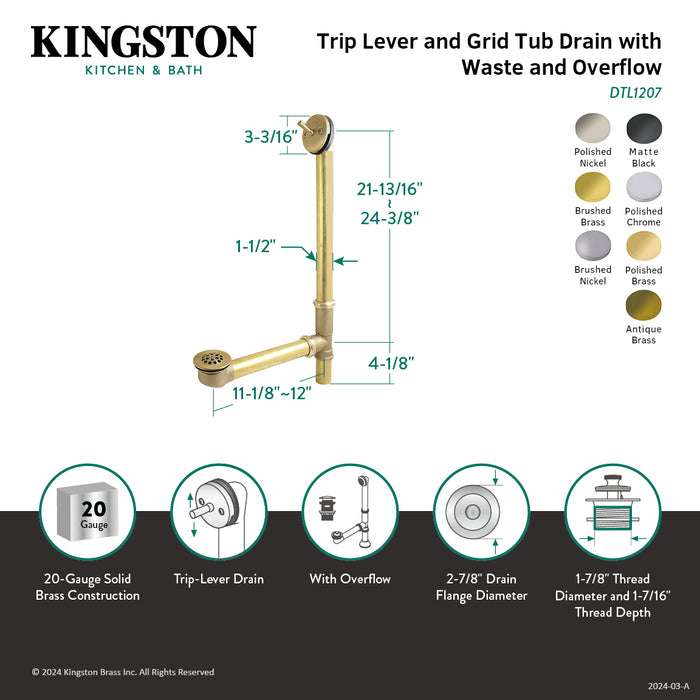 Made To Match DTL1206 25-Inch Brass Trip Lever Tub Waste and Overflow with Grid Strainer, Polished Nickel