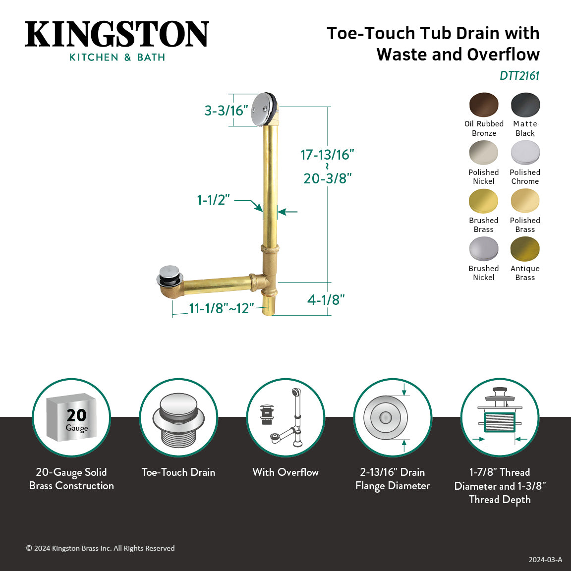 Made To Match DTT2168 21-Inch Brass Toe Touch Tub Waste and Overflow,  Brushed Nickel