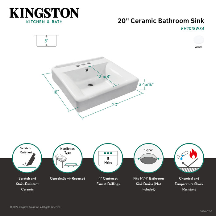 Concord EV2018W34 20-Inch Console Sink Basin (4-Inch, 3-Hole), White