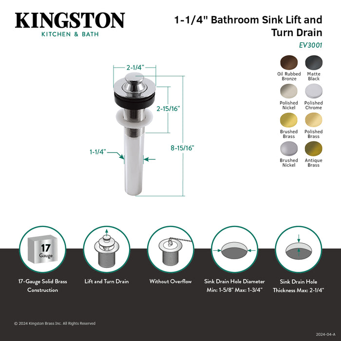 Trimscape EV3000MB Brass Lift and Turn Bathroom Sink Drain without Overflow, 17 Gauge, Matte Black