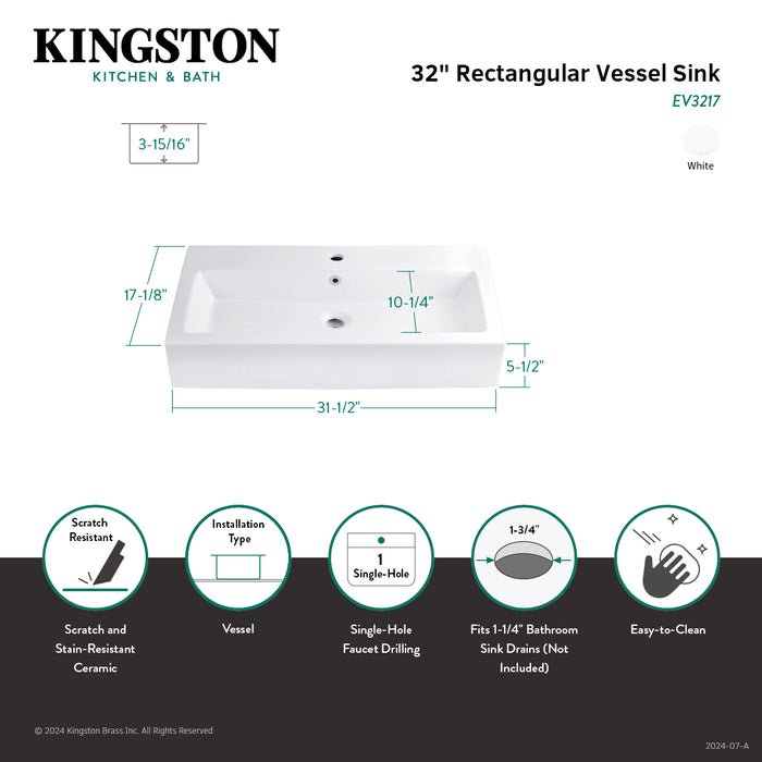 Adelaide EV3217 32-Inch Porcelain Rectangular Vessel Sink (Single-Hole), White