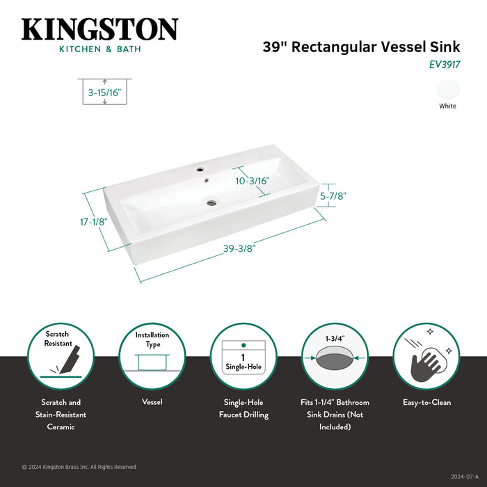 Anne EV3917 39-Inch Porcelain Rectangular Vessel Sink (Single-Hole), White