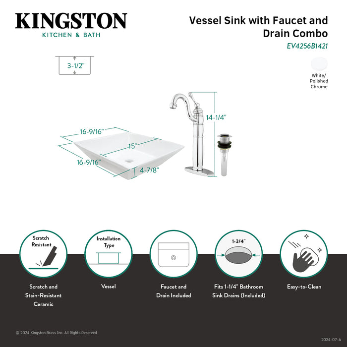 Perfection EV4256B1421 16-9/16 Inch Ceramic Square Vessel Sink with Heritage Sink Faucet and Drain Combo, White/Polished Chrome