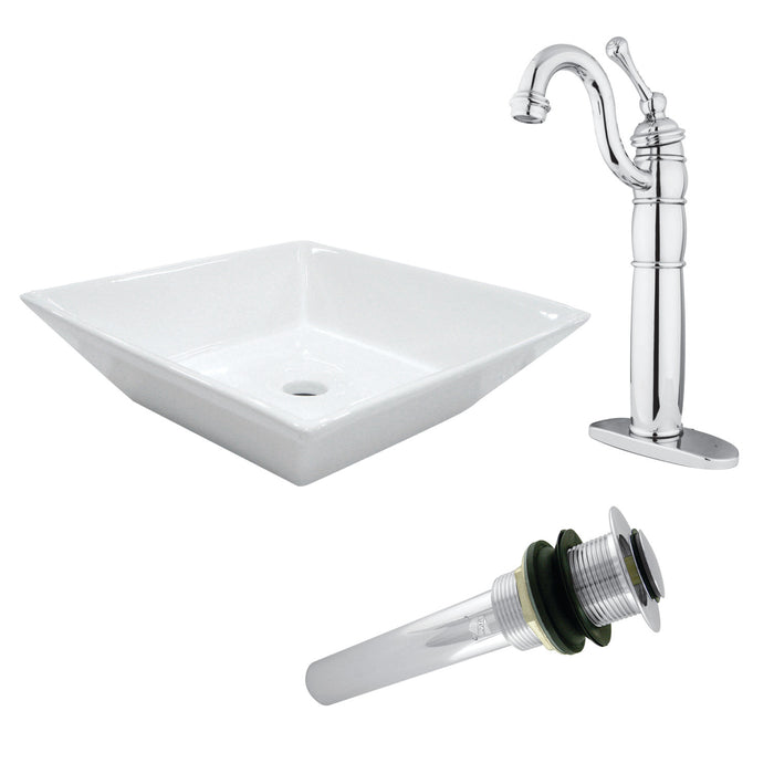 Perfection EV4256B1421 16-9/16 Inch Ceramic Square Vessel Sink with Heritage Sink Faucet and Drain Combo, White/Polished Chrome