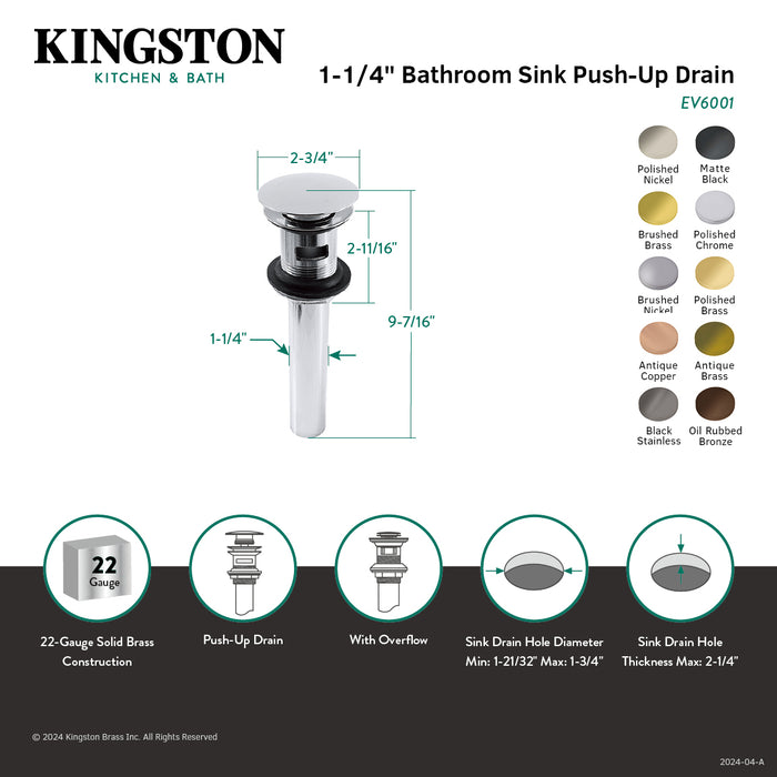 Trimscape EV6001 Brass Push Pop-Up Bathroom Sink Drain with Overflow, 22 Gauge, Polished Chrome