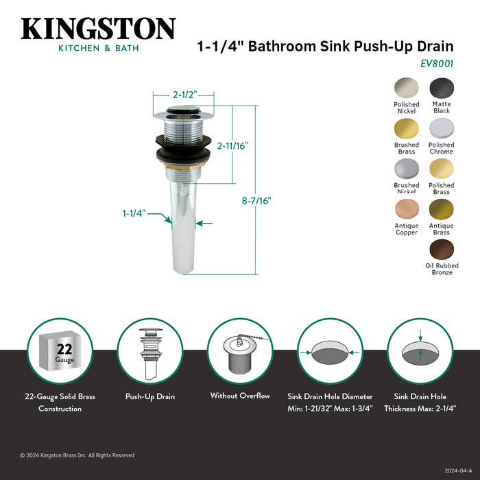 Trimscape EV8001 Brass Push Pop-Up Bathroom Sink Drain without Overflow, 22 Gauge, Polished Chrome