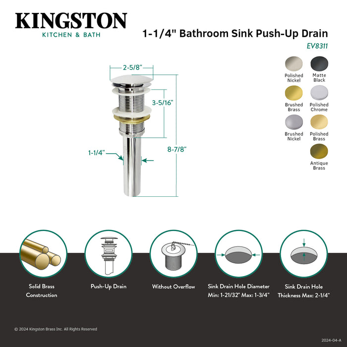 Coronet EV8318 Brass Push Pop-Up Bathroom Sink Drain, Brushed Nickel