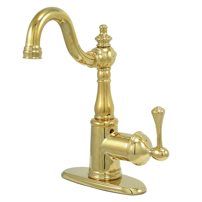 English Vintage FS7642BL One-Handle 1-Hole Bathroom Faucet with Deck Plate and Push Pop-Up Drain, Polished Brass