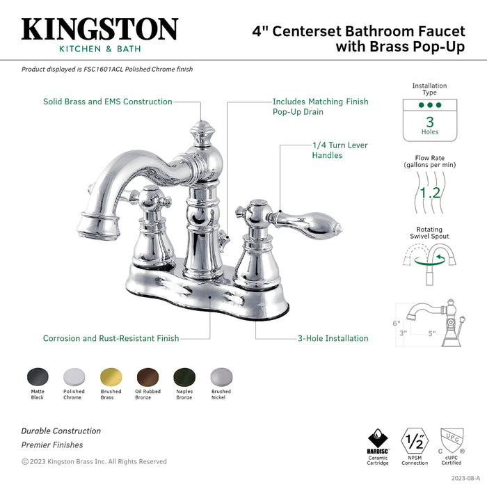 American Classic FSC1600ACL Double-Handle 3-Hole Deck Mount 4-Inch Centerset Bathroom Faucet with Brass Pop-Up, Matte Black