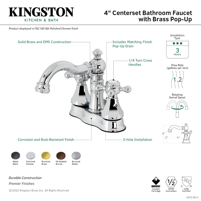 Metropolitan FSC1600BX Double-Handle 3-Hole Deck Mount 4-Inch Centerset Bathroom Faucet with Brass Pop-Up, Matte Black