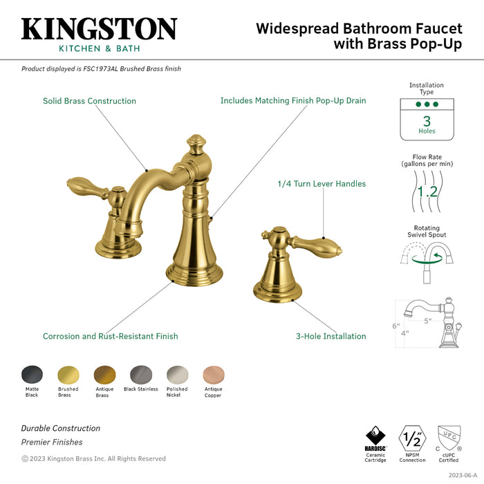 English Classic FSC1973AL Two-Handle 3-Hole Deck Mount Widespread Bathroom Faucet with Brass Pop-Up Drain, Brushed Brass