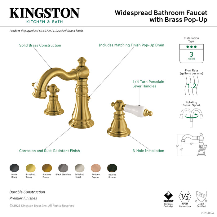 American Patriot FSC1973APL Two-Handle 3-Hole Deck Mount Widespread Bathroom Faucet with Brass Pop-Up Drain, Brushed Brass