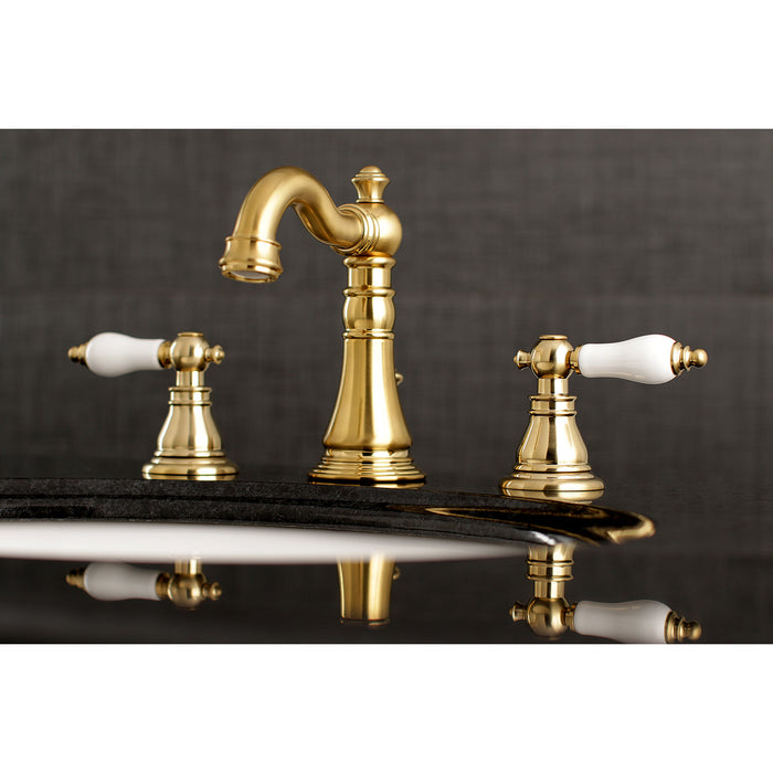 American Patriot FSC1973APL Two-Handle 3-Hole Deck Mount Widespread Bathroom Faucet with Brass Pop-Up Drain, Brushed Brass