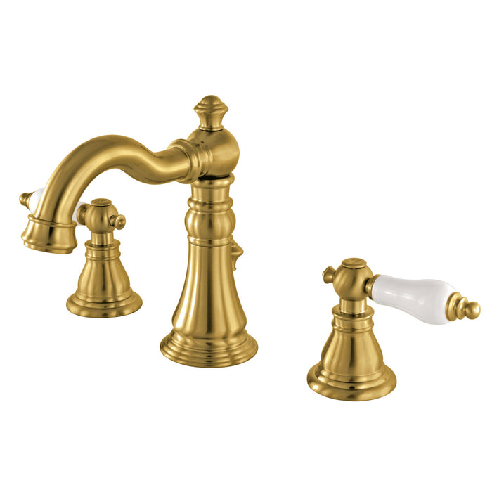 American Patriot FSC1973APL Two-Handle 3-Hole Deck Mount Widespread Bathroom Faucet with Brass Pop-Up Drain, Brushed Brass