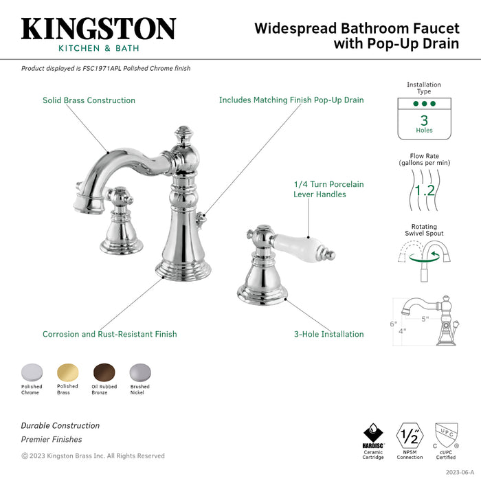 American Patriot FSC1978APL Two-Handle 3-Hole Deck Mount Widespread Bathroom Faucet with Retail Pop-Up Drain, Brushed Nickel