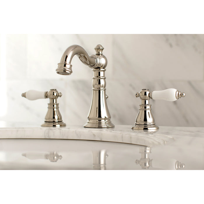 American Patriot FSC1979APL Two-Handle 3-Hole Deck Mount Widespread Bathroom Faucet with Brass Pop-Up Drain, Polished Nickel