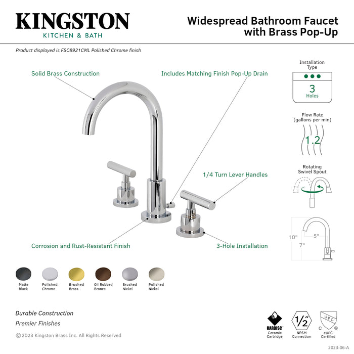 Manhattan FSC8920CML Two-Handle 3-Hole Deck Mount Widespread Bathroom Faucet with Brass Pop-Up Drain, Matte Black