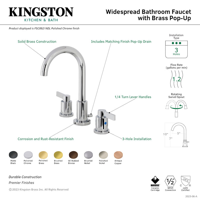 NuvoFusion FSC8920NDL Two-Handle 3-Hole Deck Mount Widespread Bathroom Faucet with Brass Pop-Up Drain, Matte Black