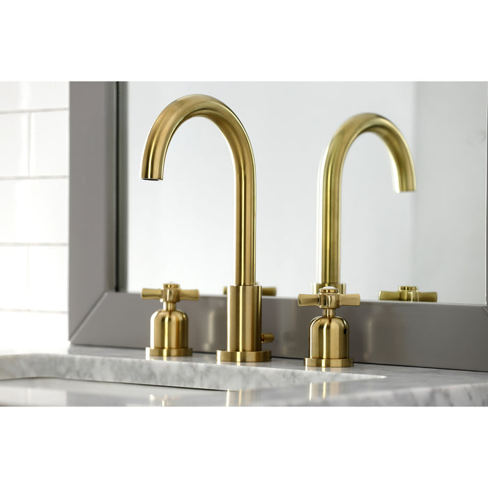 Millennium FSC8923ZX Two-Handle 3-Hole Deck Mount Widespread Bathroom Faucet with Brass Pop-Up Drain, Brushed Brass