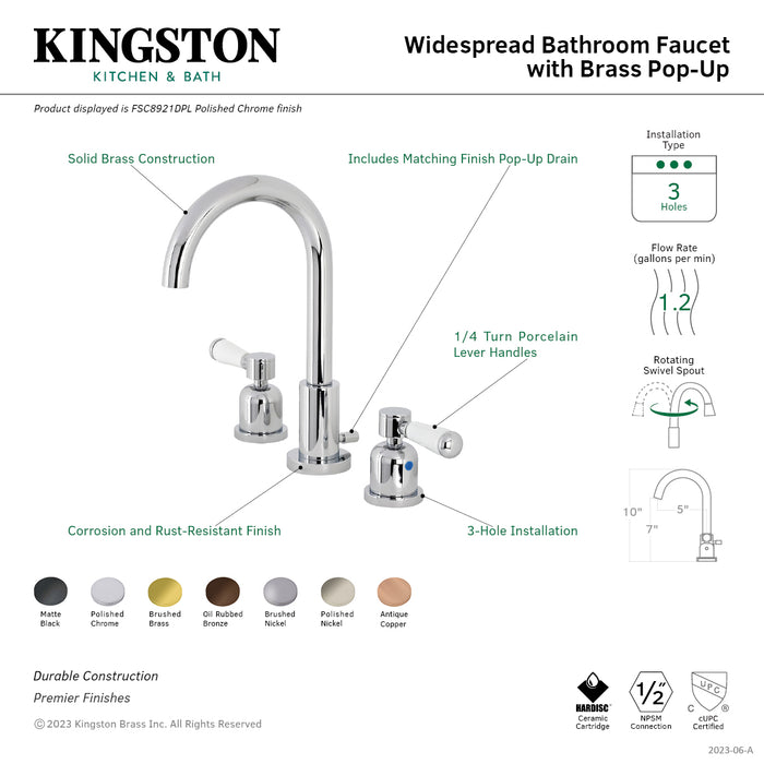 Paris FSC8928DPL Two-Handle 3-Hole Deck Mount Widespread Bathroom Faucet with Brass Pop-Up Drain, Brushed Nickel