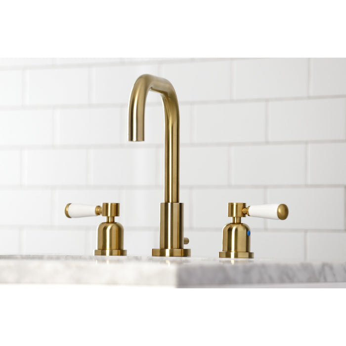 Paris FSC8933DPL Two-Handle 3-Hole Deck Mount Widespread Bathroom Faucet with Brass Pop-Up Drain, Brushed Brass