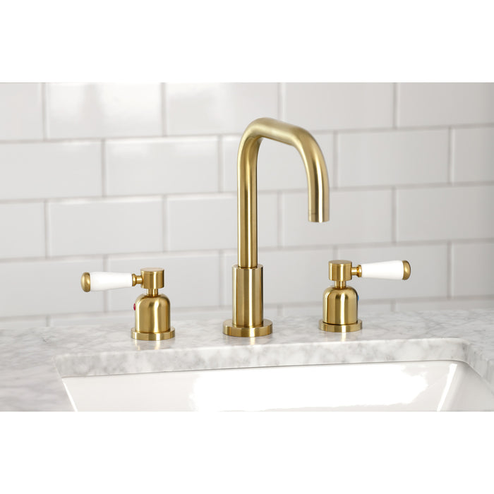 Paris FSC8933DPL Two-Handle 3-Hole Deck Mount Widespread Bathroom Faucet with Brass Pop-Up Drain, Brushed Brass