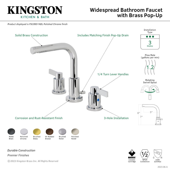 NuvoFusion FSC8950NDL Two-Handle 3-Hole Deck Mount Widespread Bathroom Faucet with Brass Pop-Up Drain, Matte Black